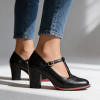 Women's T-Strap Mary Jane Shoes with Brogue Detail and Block Heel Design