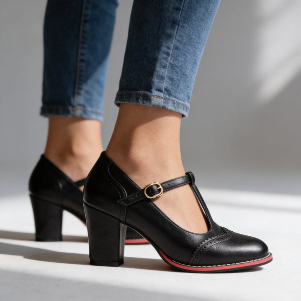 Women's T-Strap Mary Jane Shoes with Brogue Detail and Block Heel Design