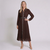 Women's Pleated Midi Dress with Long Sleeves and Elegant Classic Style