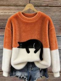 Women's Cat Print Casual Pullover Sweater with Long Sleeves