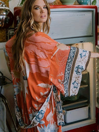 Women's Floral Print Open Front Maxi Kimono with Flowing Silhouette