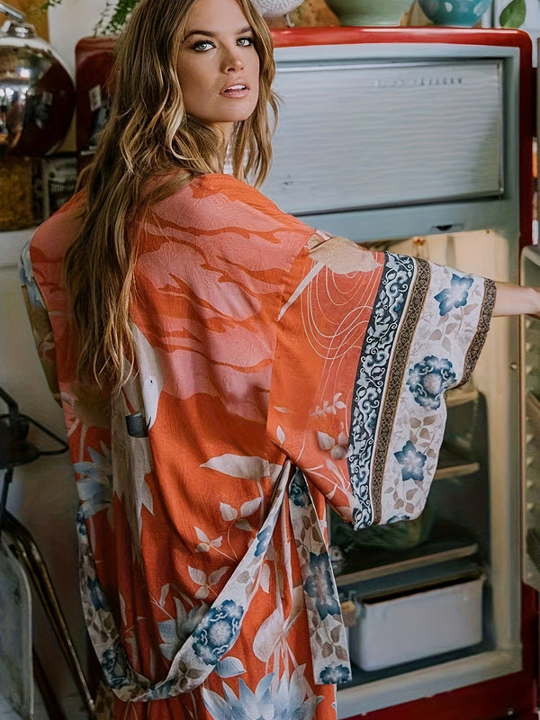 Women's Floral Print Open Front Maxi Kimono with Flowing Silhouette