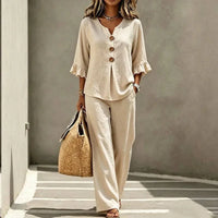 Women's Two-Piece Outfit Set with Ruffle Cuff Top and Wide Leg Trousers