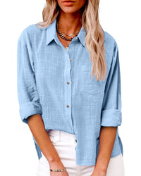 Women's Collared Long Sleeve Button-Up Shirt with Classic Casual Design