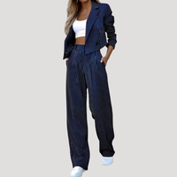 Women's Pinstripe Blazer and Wide Leg Pants Set with Sophisticated Tailored Style