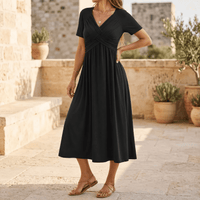 Women's Crossover V-Neck Midi Dress with Side Pockets