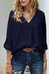 Women's V-Neck Long Sleeve Blouse with Button Front Detail