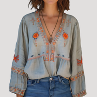 Women's Embroidered V-Neck Long Sleeve Blouse with Bohemian Inspired Design